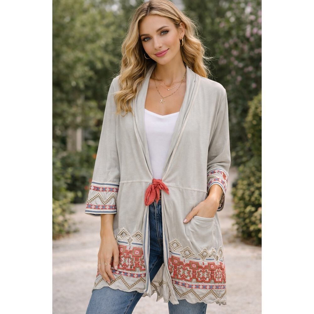 Johnny Was 100% Cotton Embroidered Duster Cardigan Sweater White Women's Small